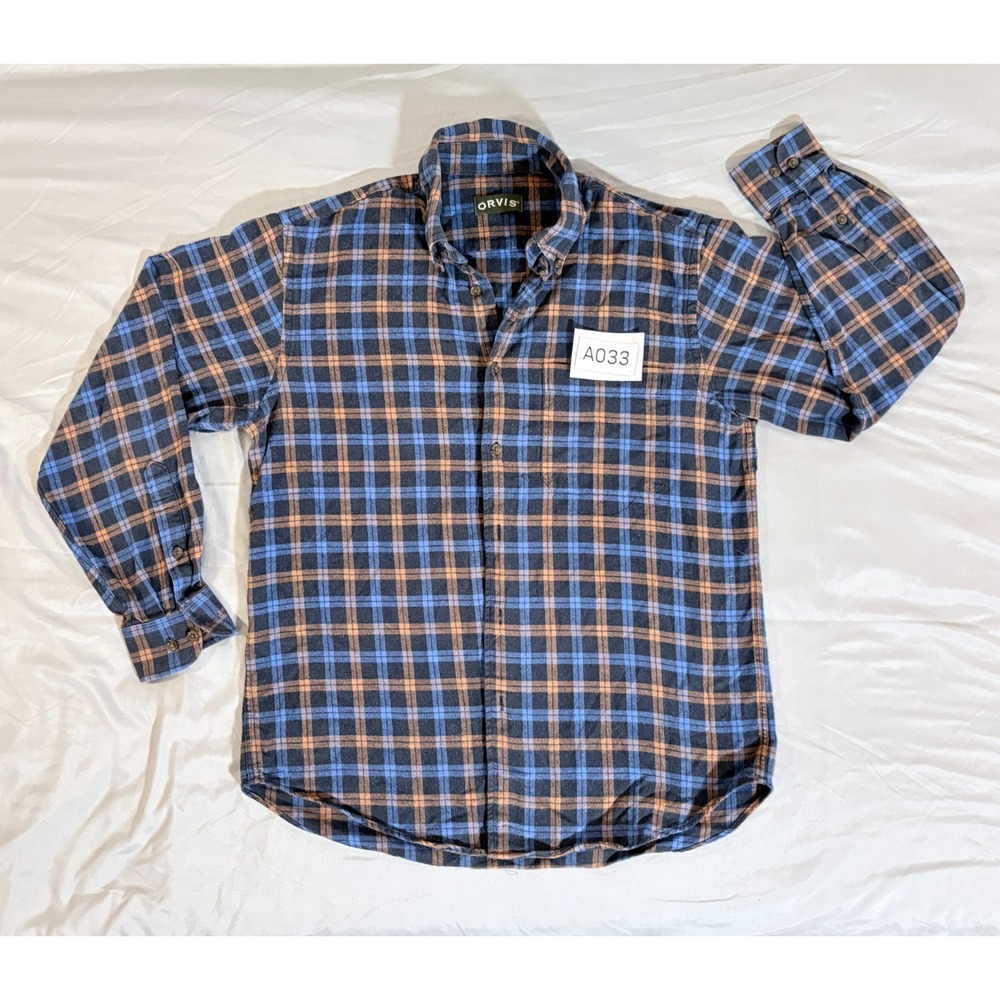 Orvis Plaid Flannel Shirt Men Blue Orange Long Sleeve L Button Down Retro Casual